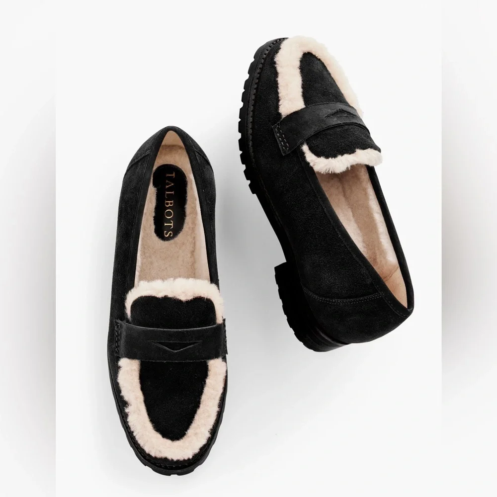 NWOB TALBOTS Cassidy Sherpa suede loafers Black Suede Loafers 9.5